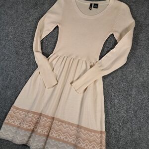 Ultraflirt Cream Knit Sweater Dress Sz M Fair Isle Nordic A-line Stretch Flare